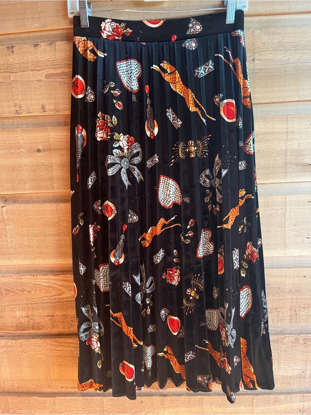 MAEVE - Black Velvet Pleated Floral & Animal Print Midi Skirt NWOT